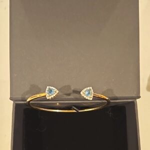 4 ct Trillion Cut sky blue topaz gold over silver bangle bracelet with diamonds